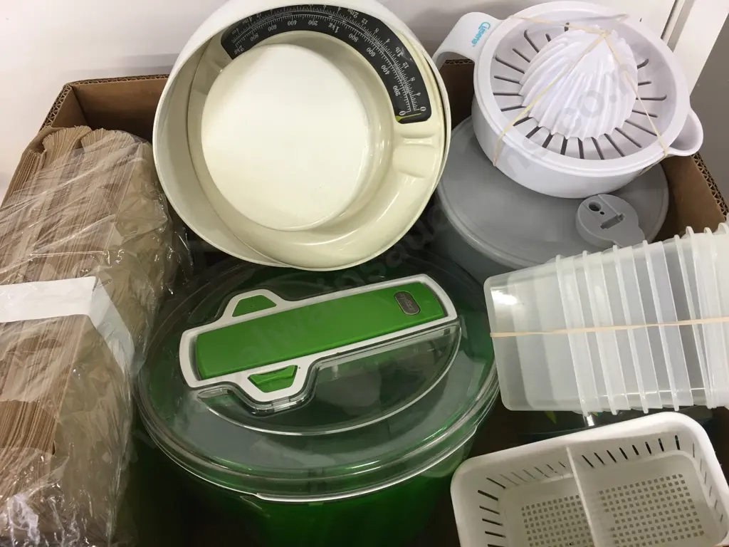 Box Of Plasticware Etc, Zyliss Spinner, Scales, Cuisena Juicer, Paper Bags Image 1++