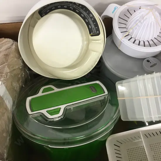 Box Of Plasticware Etc, Zyliss Spinner, Scales, Cuisena Juicer, Paper Bags