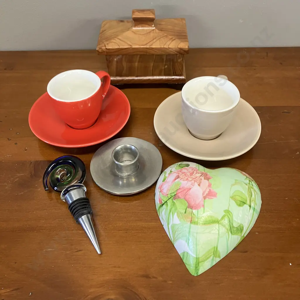 Pair of Maxwell Williams Cafe Culture Cup & Saucers, Art Glass Bottle Stopper, Wooden Box, Etc Image 1++