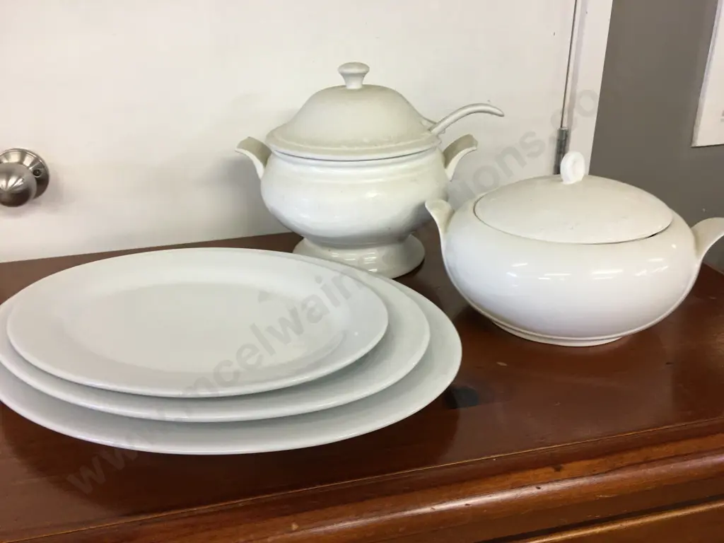 White Oval Serving Platters, Lidded Casserole & Lidded Soup Terrine With Ladle Image 1++