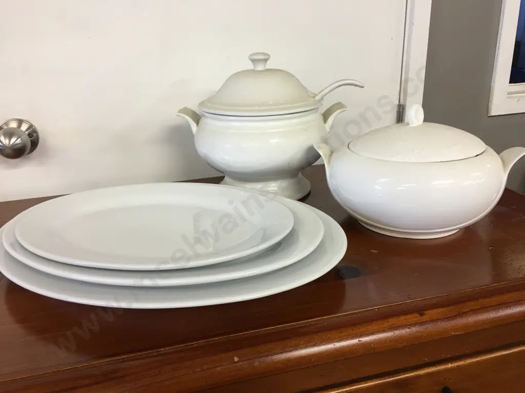 White Oval Serving Platters, Lidded Casserole & Lidded Soup Terrine With Ladle Image 1++