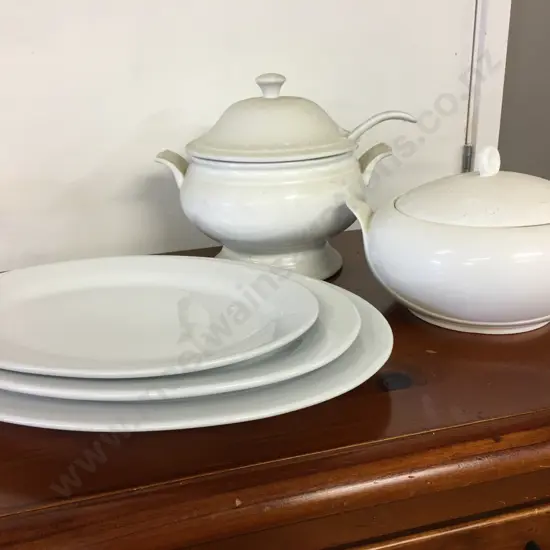 White Oval Serving Platters, Lidded Casserole & Lidded Soup Terrine With Ladle
