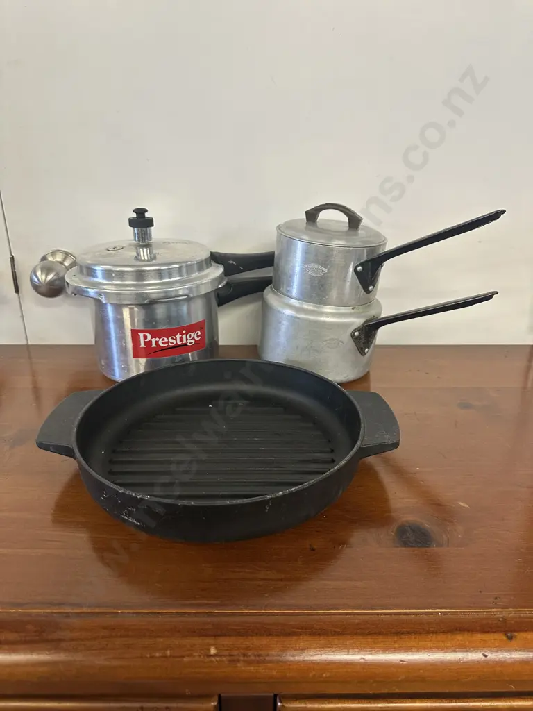 Kitchen Aid Enamelled Cast Iron Grill Pan, Double Boiler & Prestige Pressure Cooker Image 1++