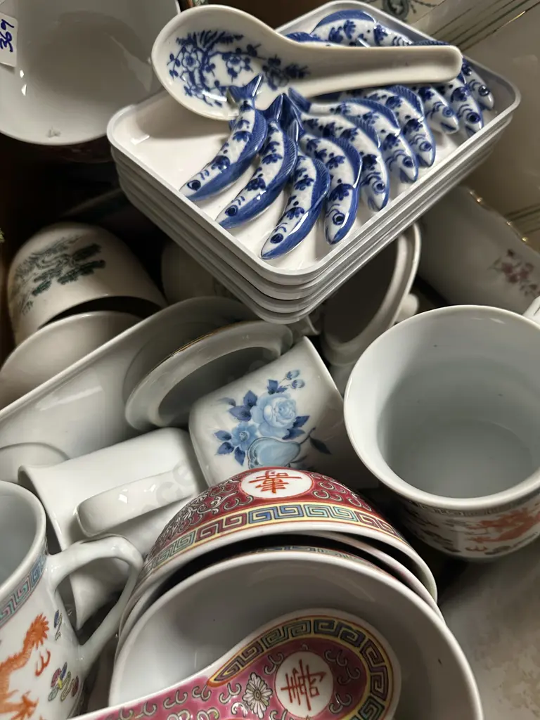 Box lot Assorted China Items, Mun Shou Longevity Rice Bowls & Spoons, Chopstick Rests Etc Image 1++