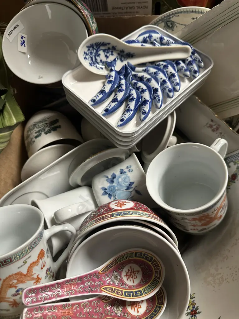 Box lot Assorted China Items, Mun Shou Longevity Rice Bowls & Spoons, Chopstick Rests Etc Image 1++