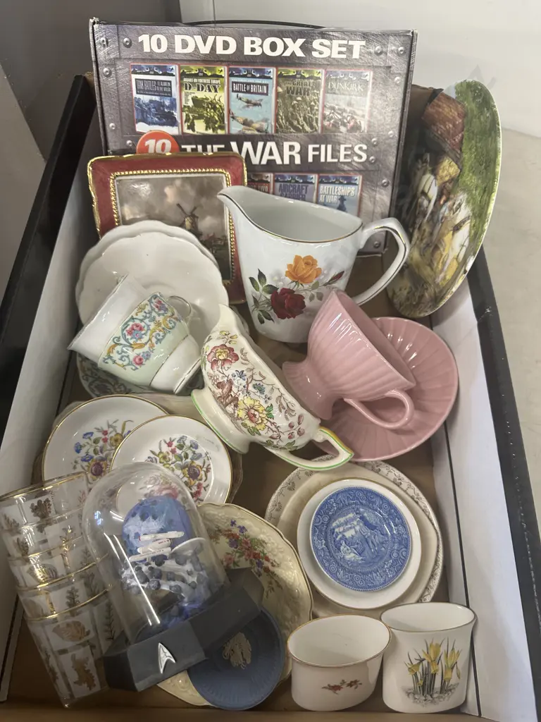 Assorted China Items Including Royal Doulton, Etc, Damaged Star Trek Glass Dome Figurine, War Files DVD Boxset Image 1++