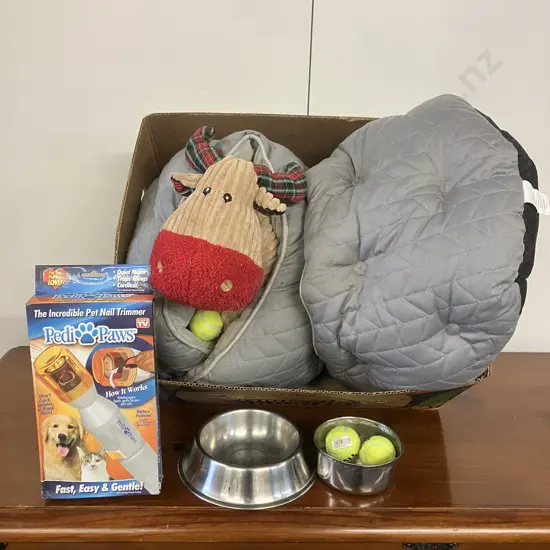 Box - 2 x Dog Beds, Unused, Large Toy, Balls, 2 Stainless Steel Bowls, Pedipaws Nail Clipper