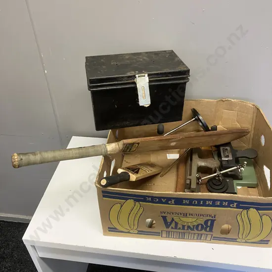 Box Lot Bats, Metal Tin, Hole Punches Etc