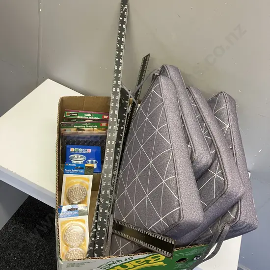 Box Lot Home & Co Chair Squabs, Steel Rulers, Hardware Items