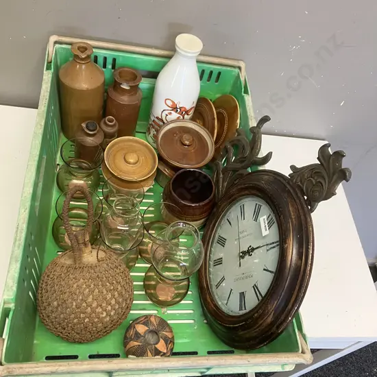 Box Lot Pottery, Glassware, Clock Etc