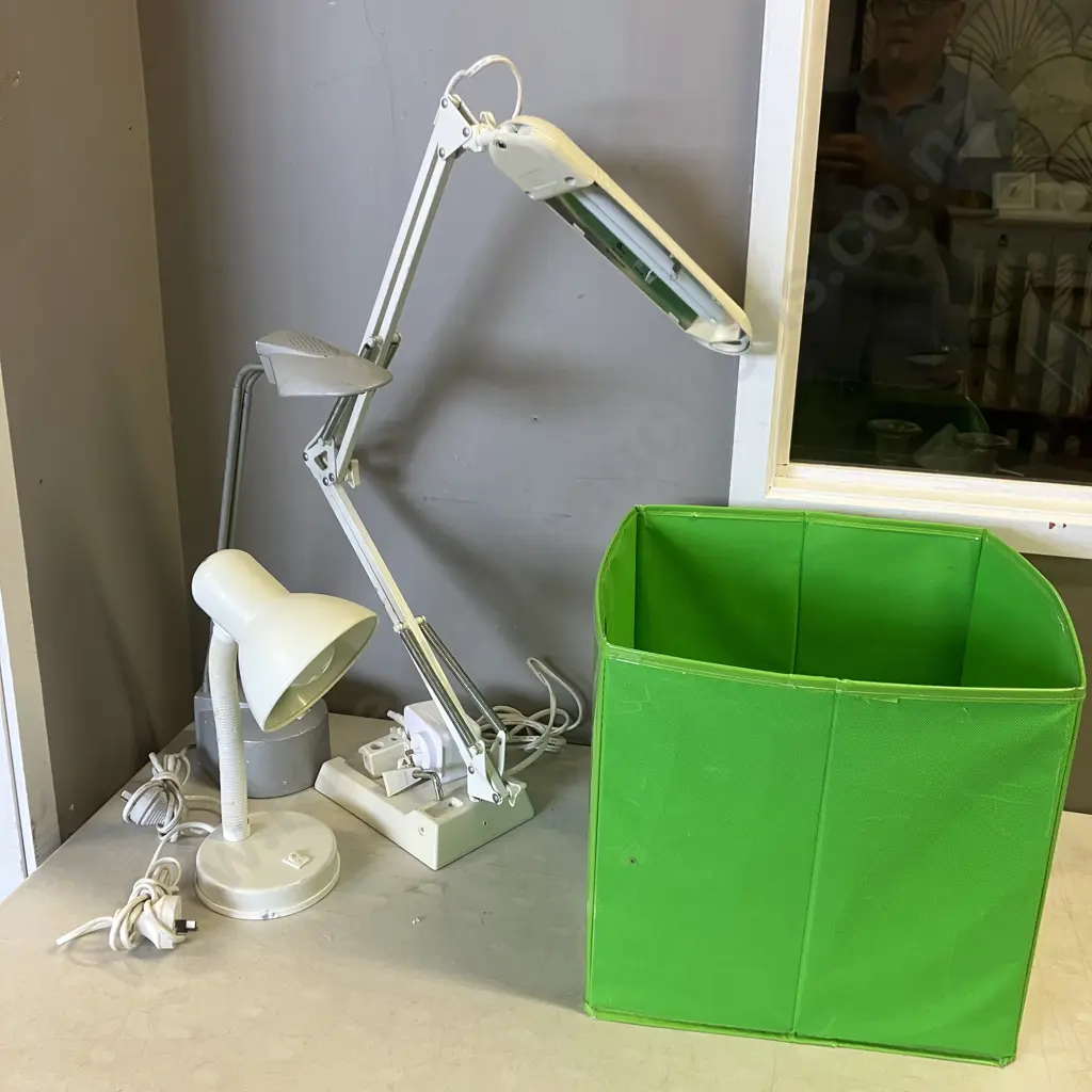 3 Desk Lamps & Green Storage Bin Image 1++