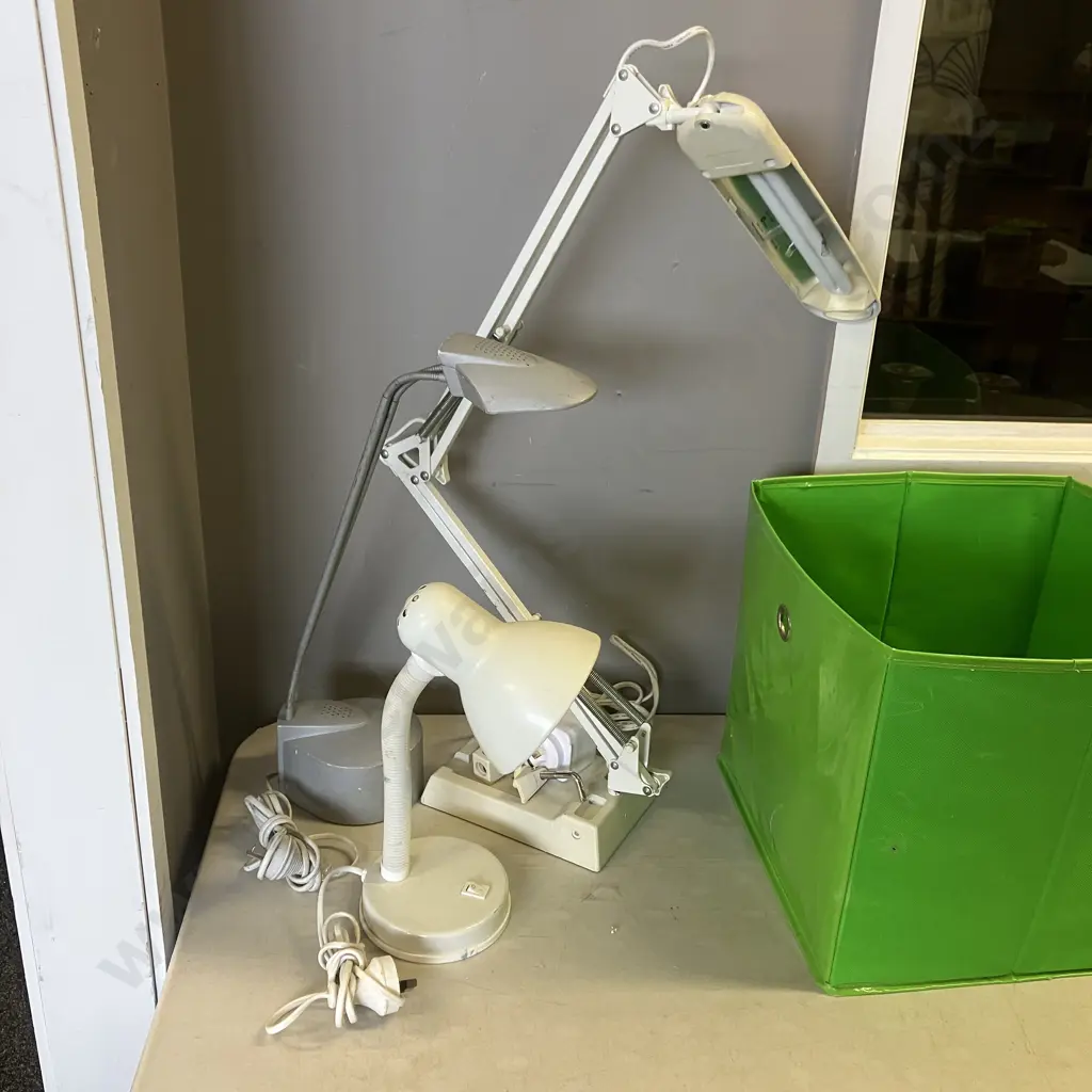 3 Desk Lamps & Green Storage Bin Image 1++