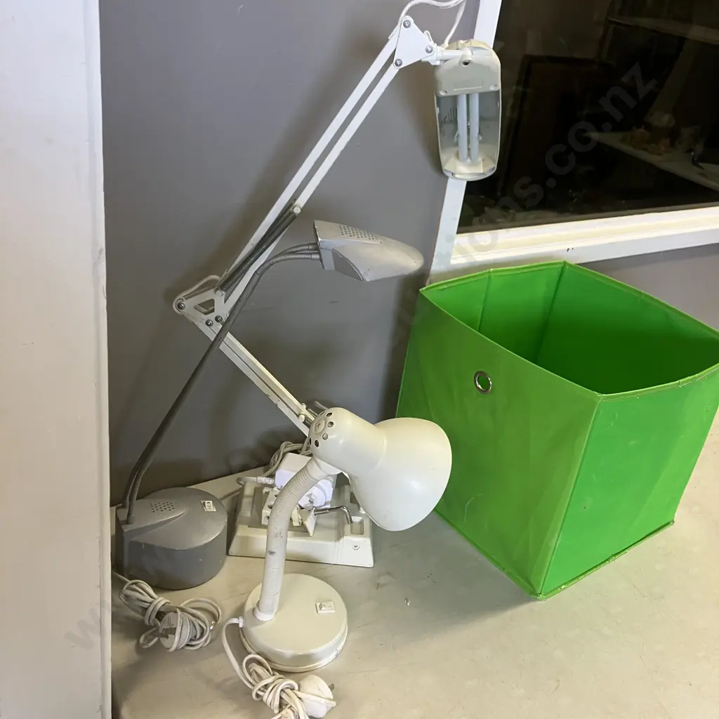 3 Desk Lamps & Green Storage Bin Image 1++
