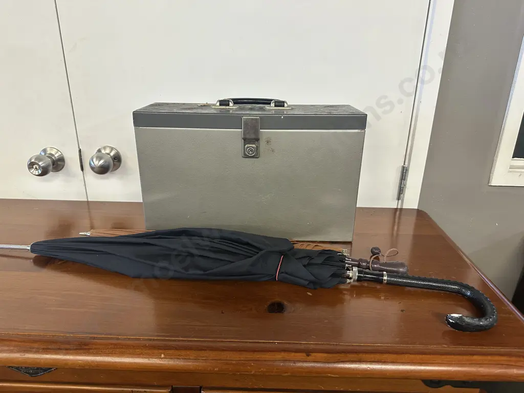 Filemaster Metal Personal Filer With Key (Rivet On Latch Broken) & Two Umbrellas Image 1++