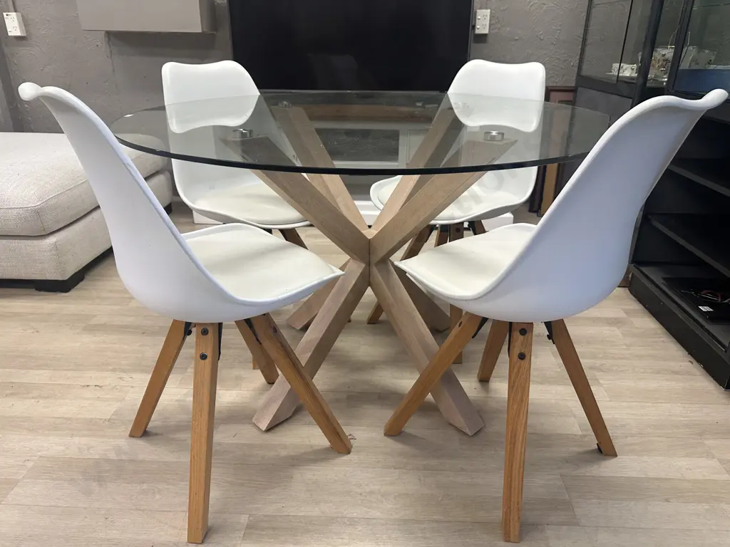 Scandi-Style 5 Piece Round Glass Dining Room Set With Four Padded Chairs. 76 x 119cm Image 1++