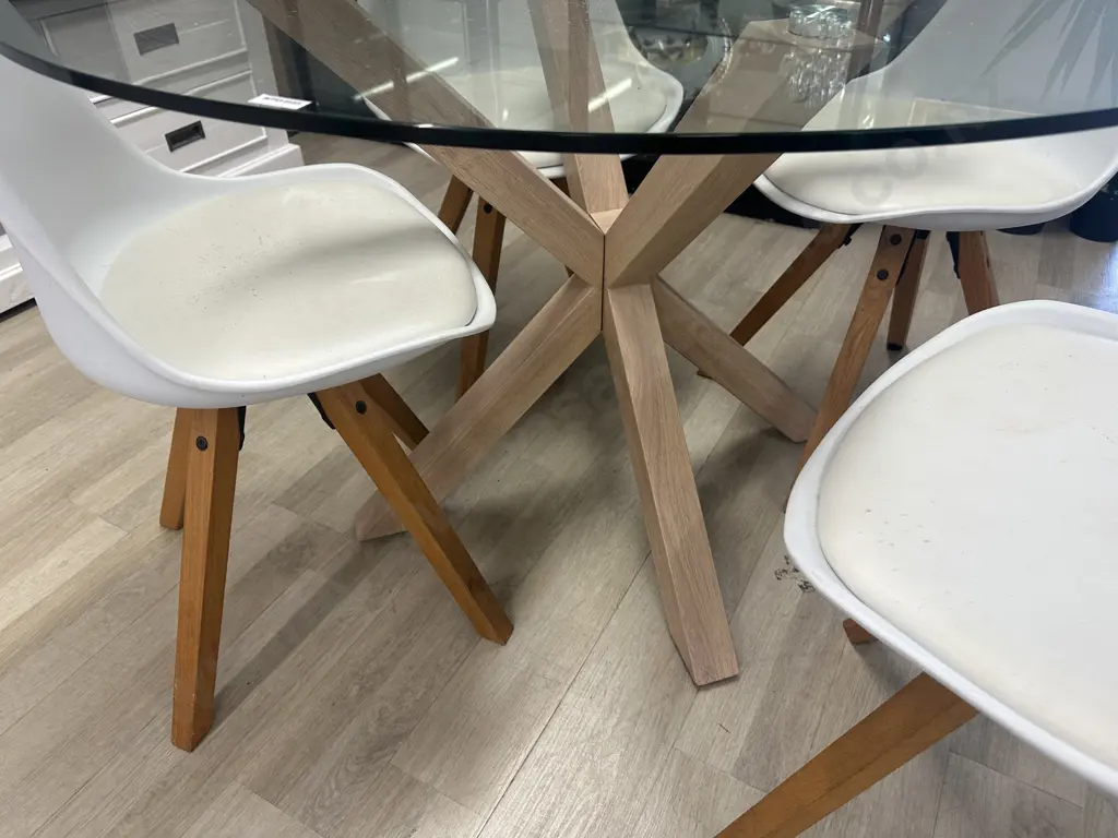 Scandi-Style 5 Piece Round Glass Dining Room Set With Four Padded Chairs. 76 x 119cm Image 1++