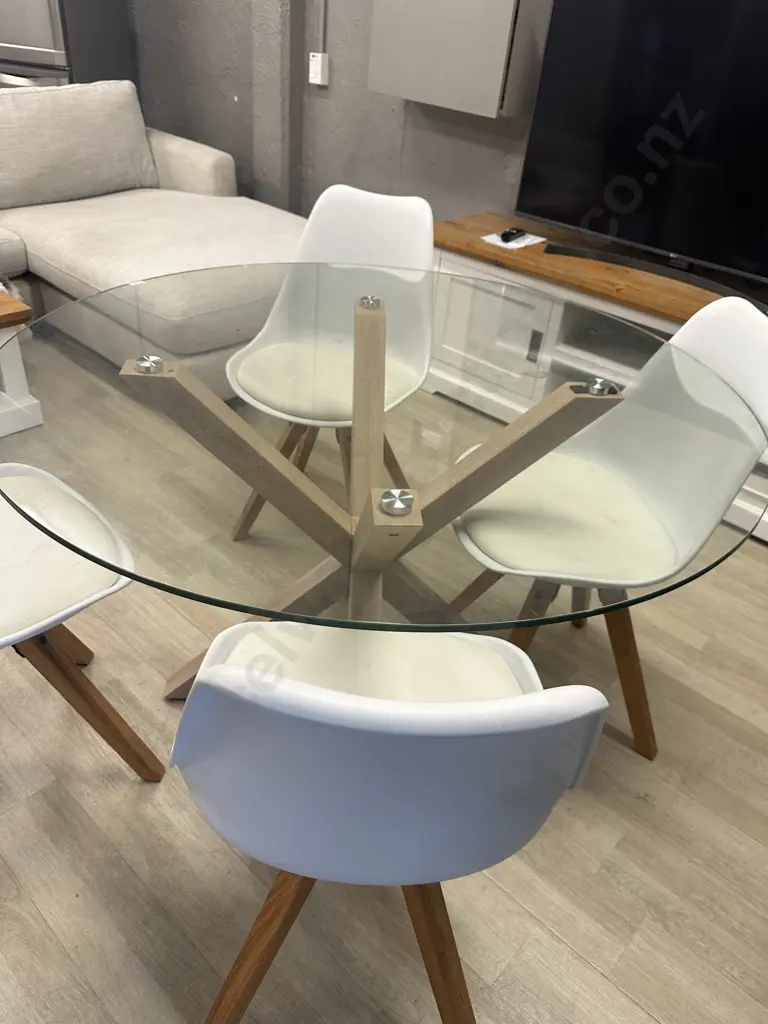 Scandi-Style 5 Piece Round Glass Dining Room Set With Four Padded Chairs. 76 x 119cm Image 1++