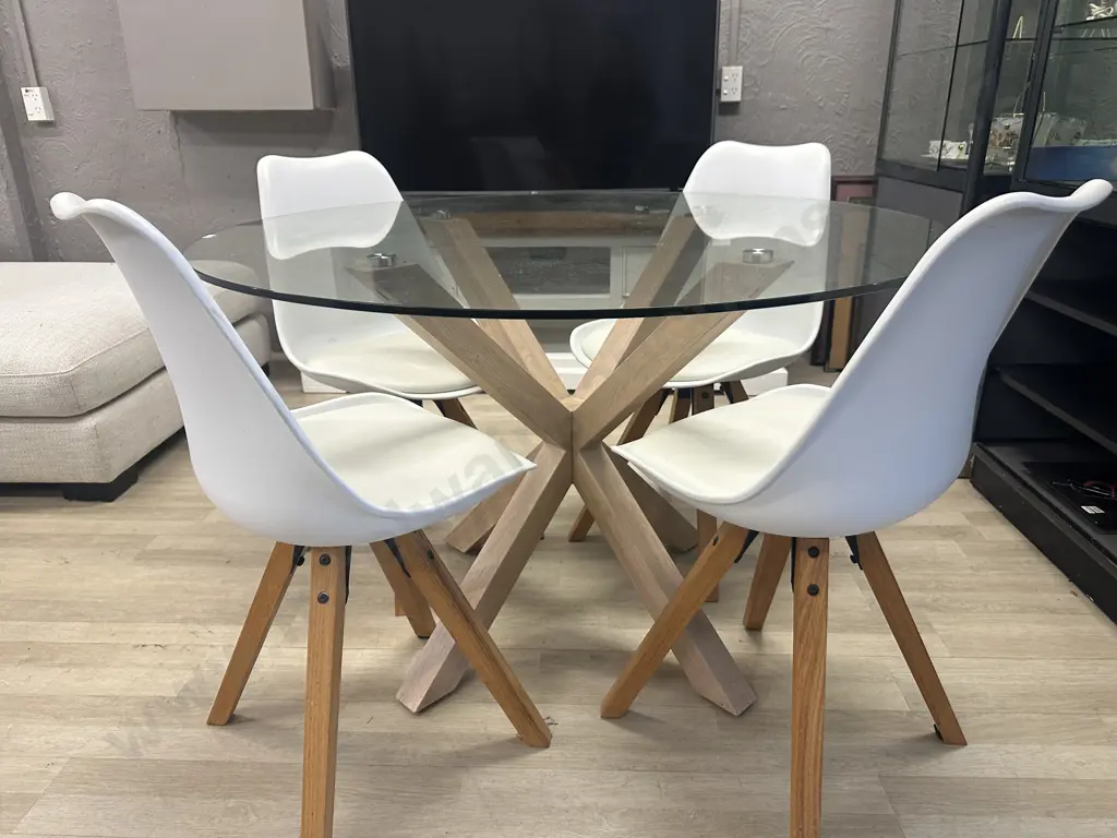 Scandi-Style 5 Piece Round Glass Dining Room Set With Four Padded Chairs. 76 x 119cm Image 1++