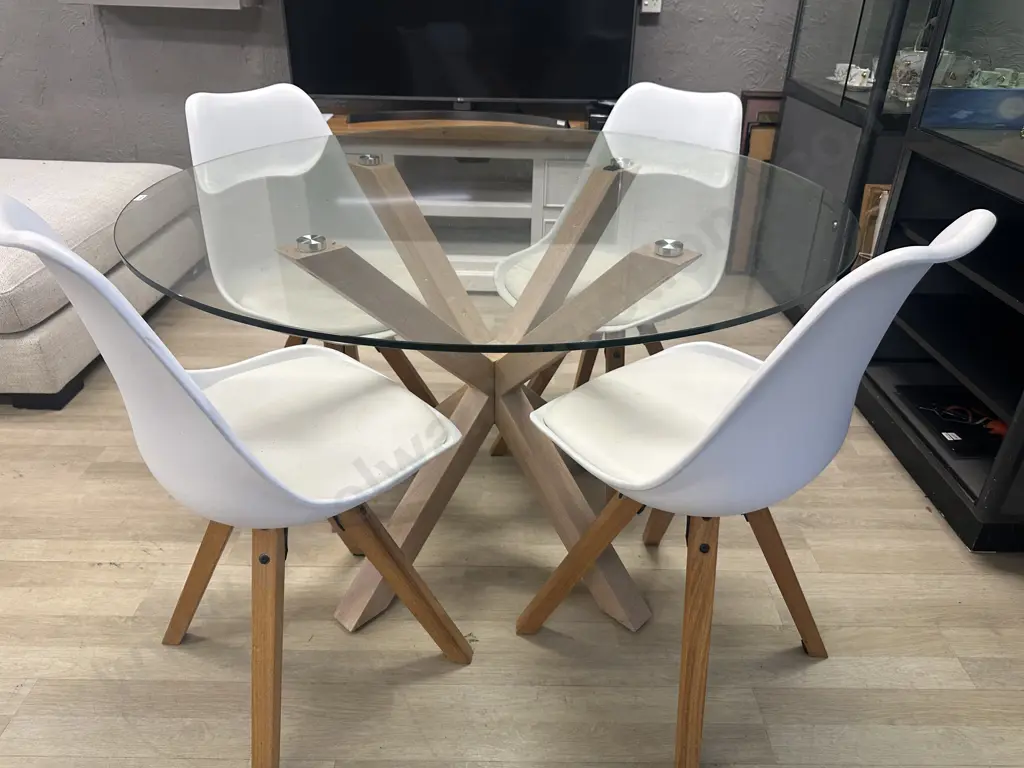 Scandi-Style 5 Piece Round Glass Dining Room Set With Four Padded Chairs. 76 x 119cm Image 1++