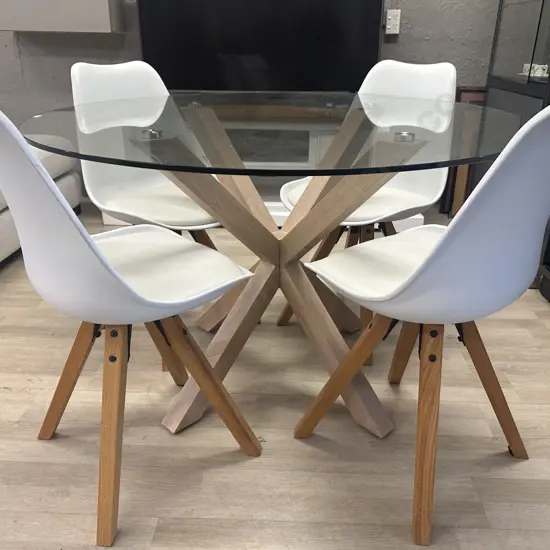 Scandi-Style 5 Piece Round Glass Dining Room Set With Four Padded Chairs. 76 x 119cm
