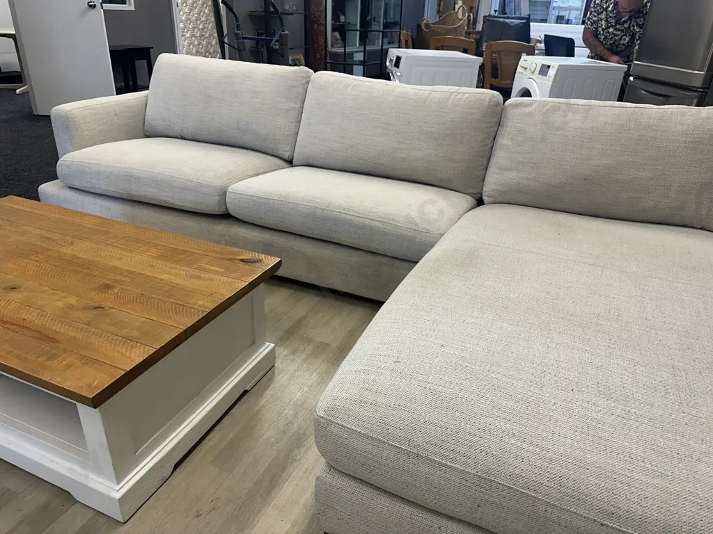 Tirana 3 Seater Right Chaise Lounge Suite - Oat Colour, Ex Smith City Purchased August 2021 Image 1++