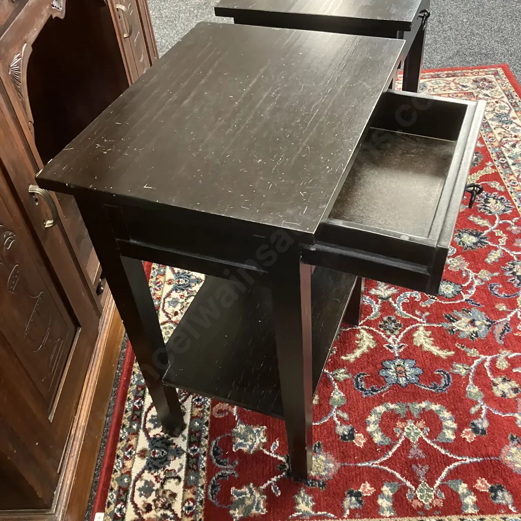 Pair of Black Single Drawer Bedsides, Metal Ring Handles. H64 W48 D35cm Image 1++