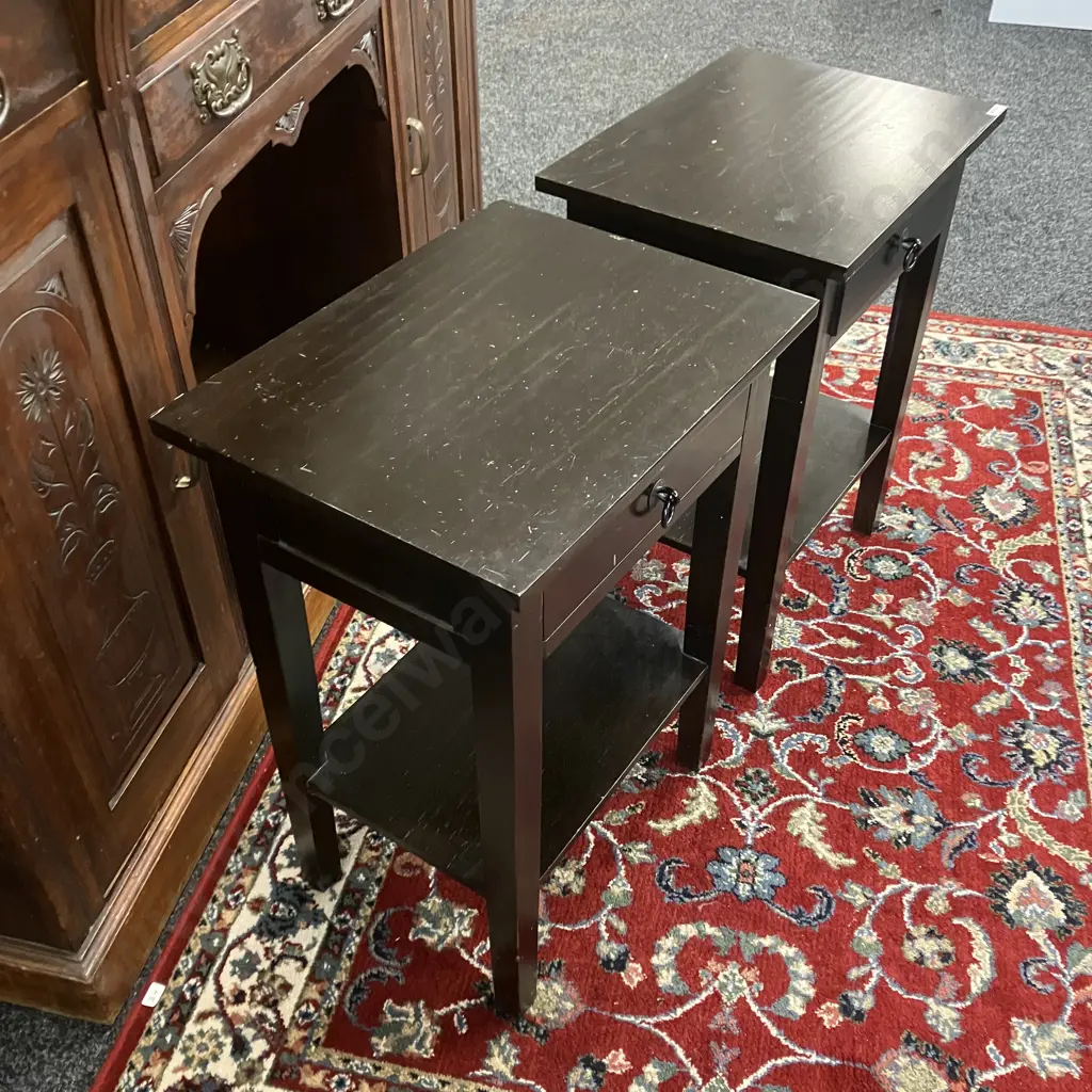 Pair of Black Single Drawer Bedsides, Metal Ring Handles. H64 W48 D35cm Image 1++