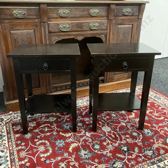 Pair of Black Single Drawer Bedsides, Metal Ring Handles. H64 W48 D35cm