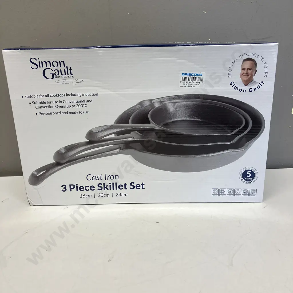 New In Box Simon Gault 3 Piece Cast Iron Skillet Set - 16cm, 20cm & 24cm Image 1++