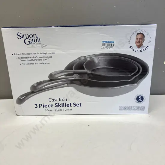 New In Box Simon Gault 3 Piece Cast Iron Skillet Set - 16cm, 20cm & 24cm