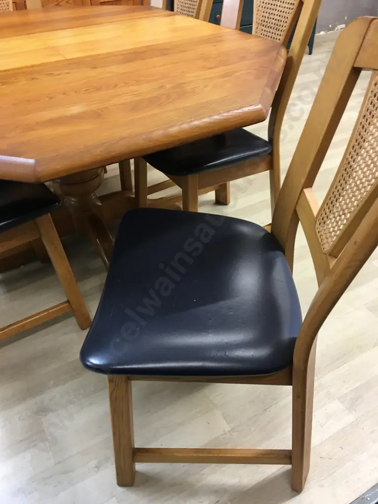 Art Deco Oak Octagonal Extension Dining Table With Six Oak & Rattan Black Leather Chairs Image 1++
