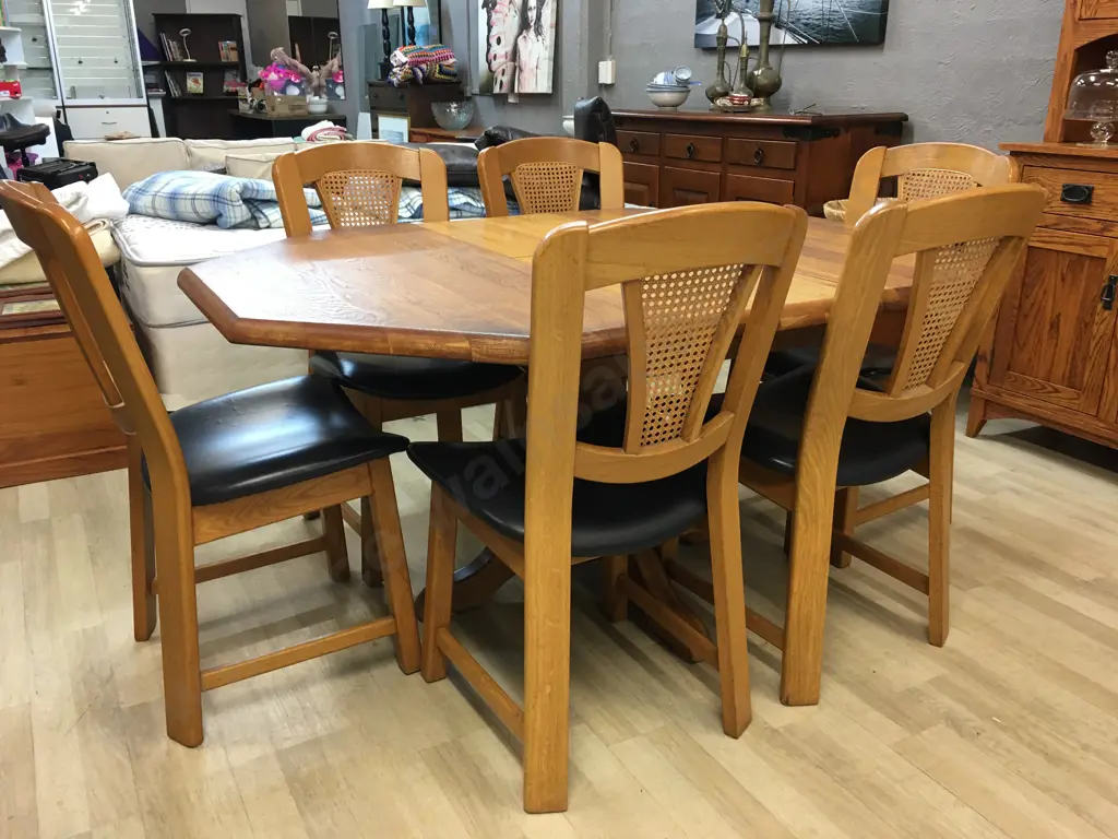 Art Deco Oak Octagonal Extension Dining Table With Six Oak & Rattan Black Leather Chairs Image 1++