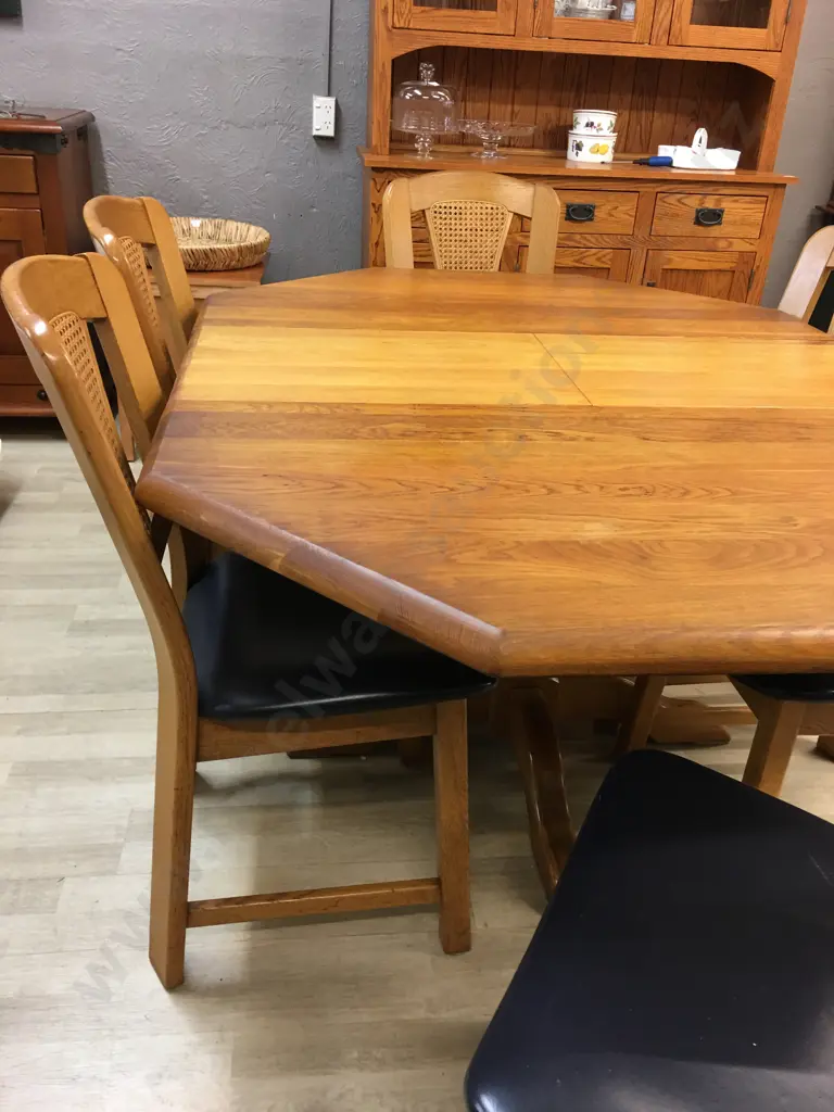 Art Deco Oak Octagonal Extension Dining Table With Six Oak & Rattan Black Leather Chairs Image 1++