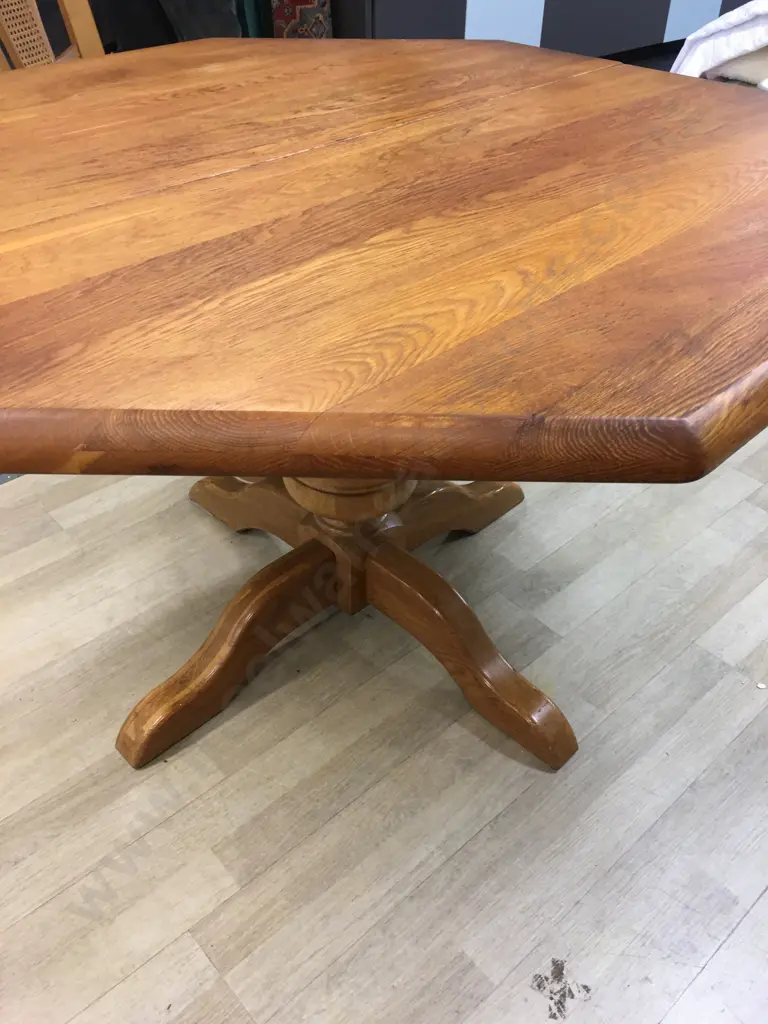 Art Deco Oak Octagonal Extension Dining Table With Six Oak & Rattan Black Leather Chairs Image 1++