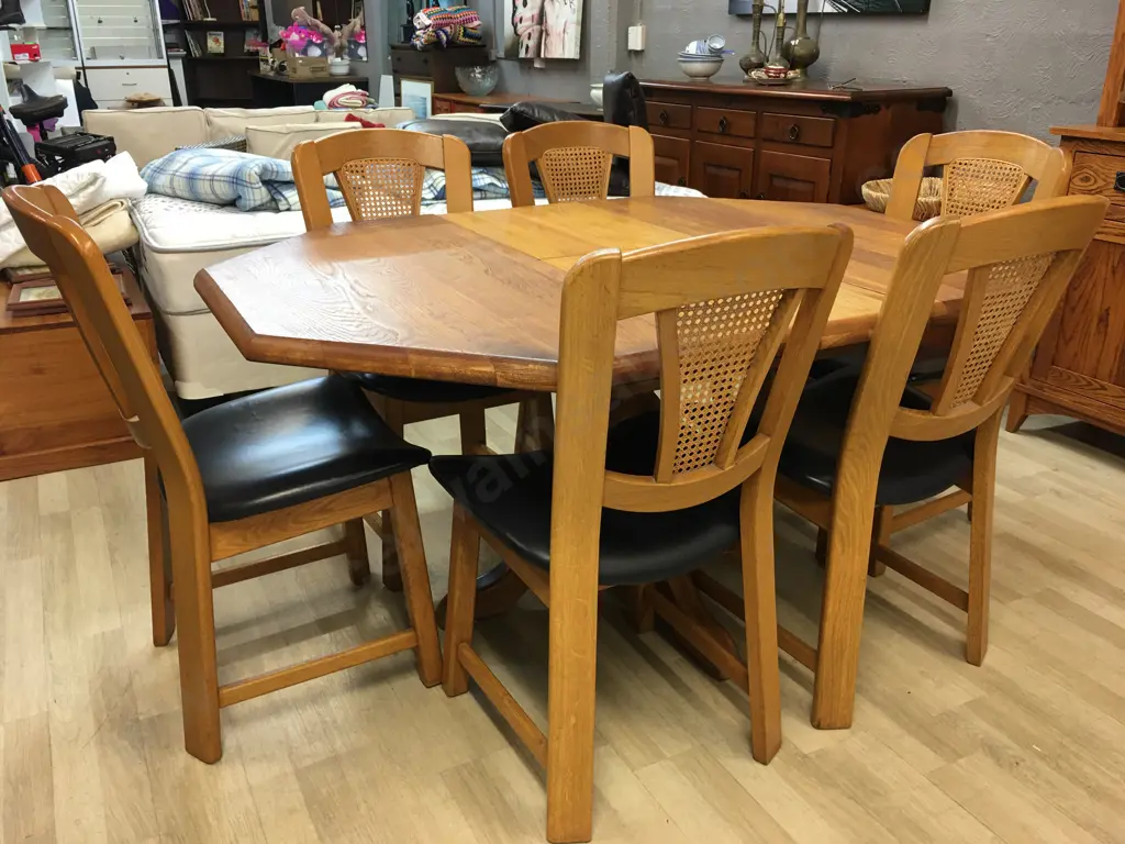 Art Deco Oak Octagonal Extension Dining Table With Six Oak & Rattan Black Leather Chairs Image 1++