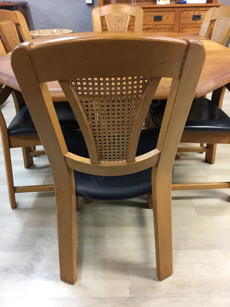 Art Deco Oak Octagonal Extension Dining Table With Six Oak & Rattan Black Leather Chairs Image 1++