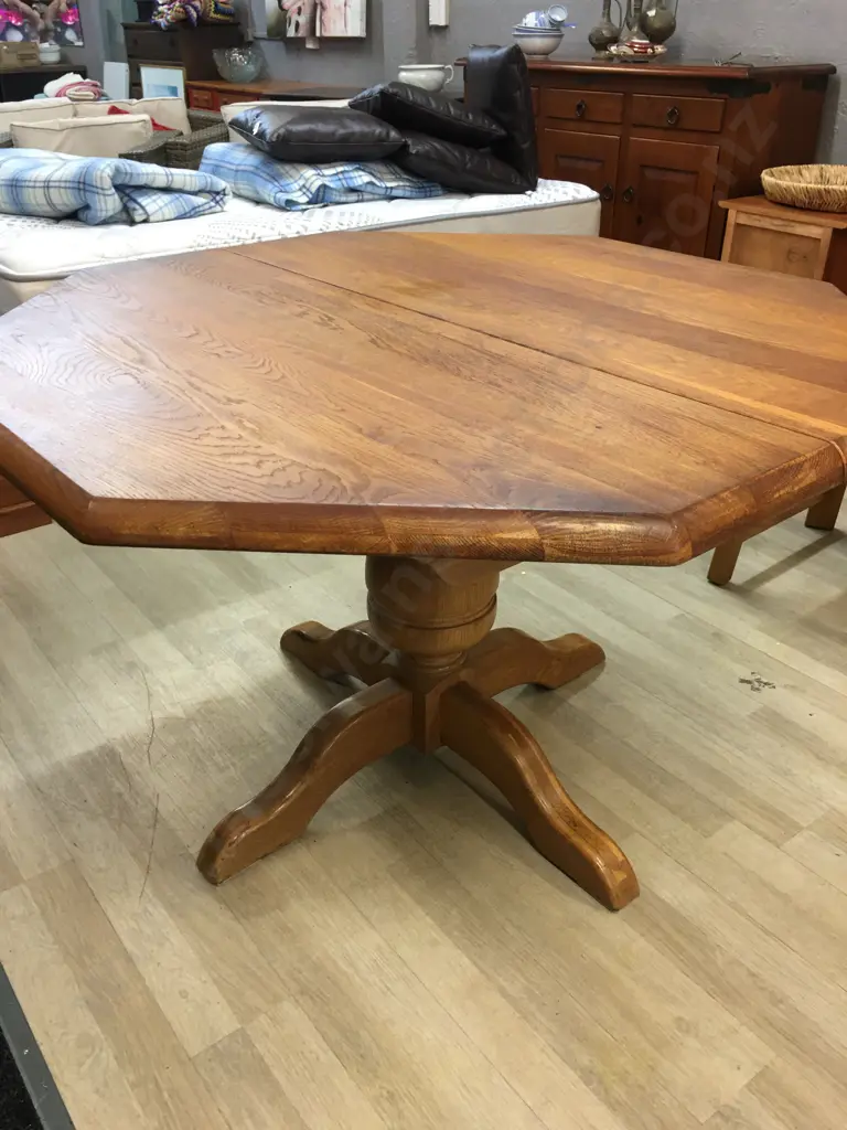 Art Deco Oak Octagonal Extension Dining Table With Six Oak & Rattan Black Leather Chairs Image 1++