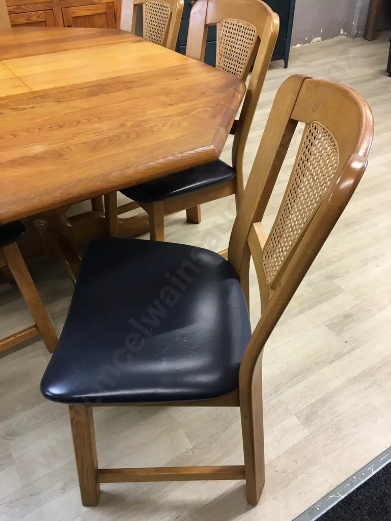 Art Deco Oak Octagonal Extension Dining Table With Six Oak & Rattan Black Leather Chairs Image 1++