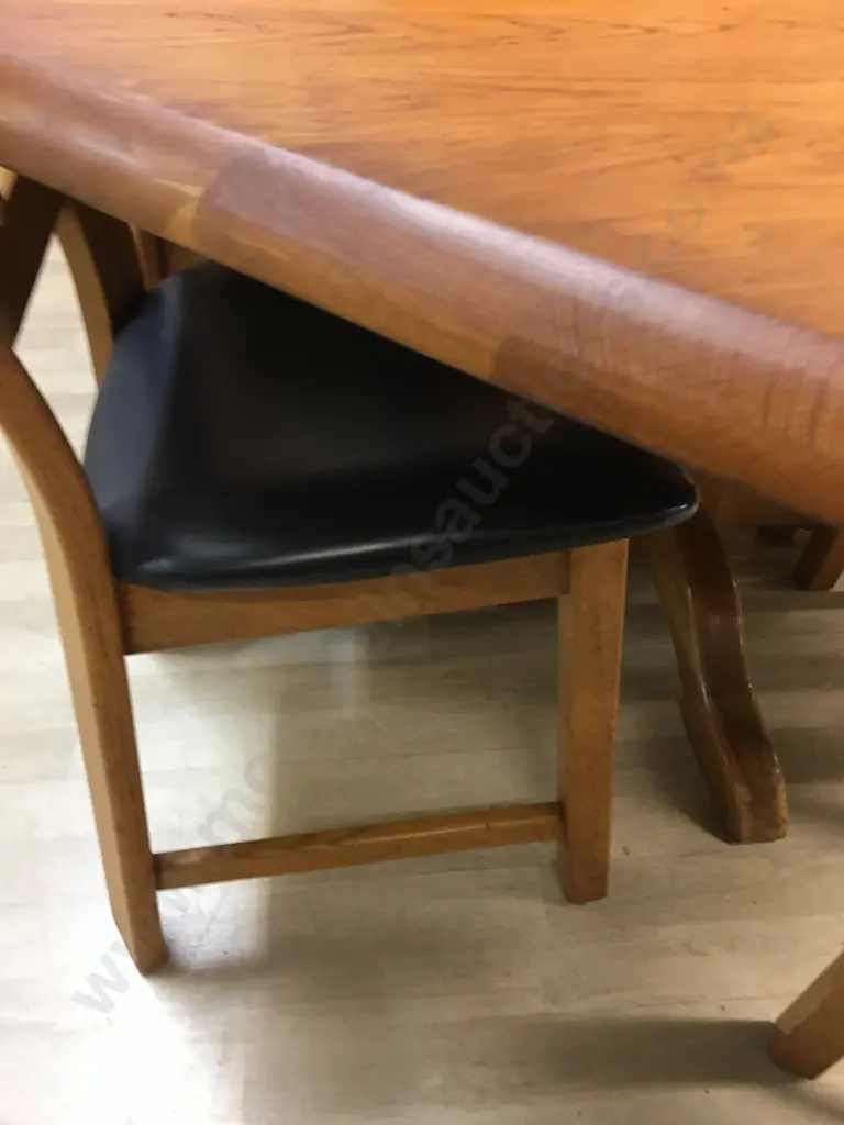 Art Deco Oak Octagonal Extension Dining Table With Six Oak & Rattan Black Leather Chairs Image 1++
