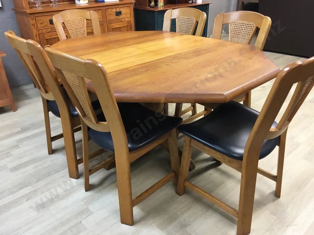 Art Deco Oak Octagonal Extension Dining Table With Six Oak & Rattan Black Leather Chairs Image 1++