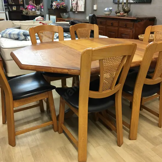 Art Deco Oak Octagonal Extension Dining Table With Six Oak & Rattan Black Leather Chairs