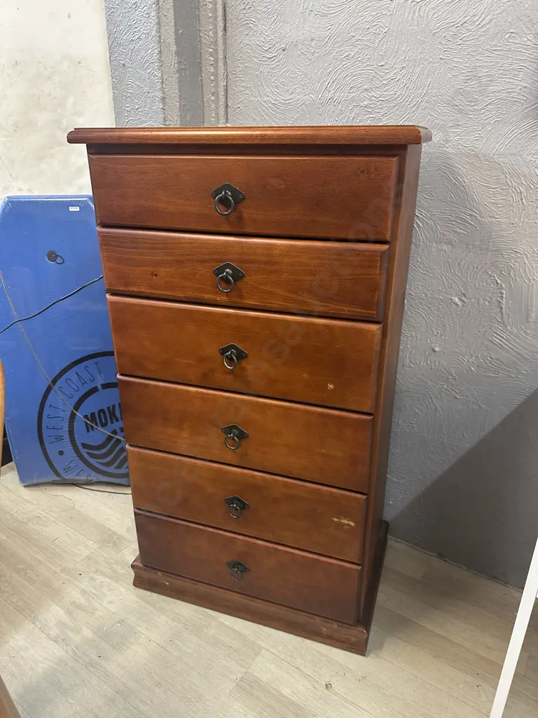 Pine 6 Drawer Tallboy, Black Metal Ring Handles. H119 W66 D41.5cm Image 1++