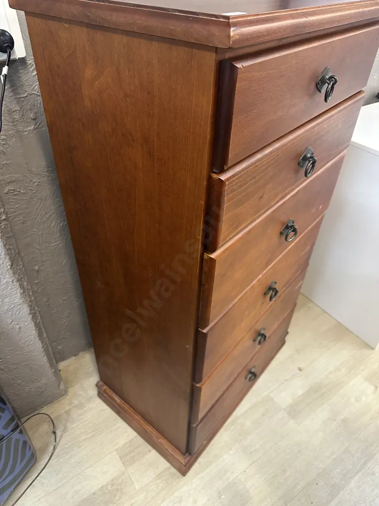 Pine 6 Drawer Tallboy, Black Metal Ring Handles. H119 W66 D41.5cm Image 1++