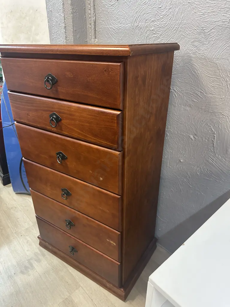 Pine 6 Drawer Tallboy, Black Metal Ring Handles. H119 W66 D41.5cm Image 1++