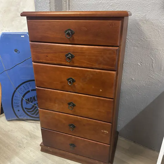 Pine 6 Drawer Tallboy, Black Metal Ring Handles. H119 W66 D41.5cm
