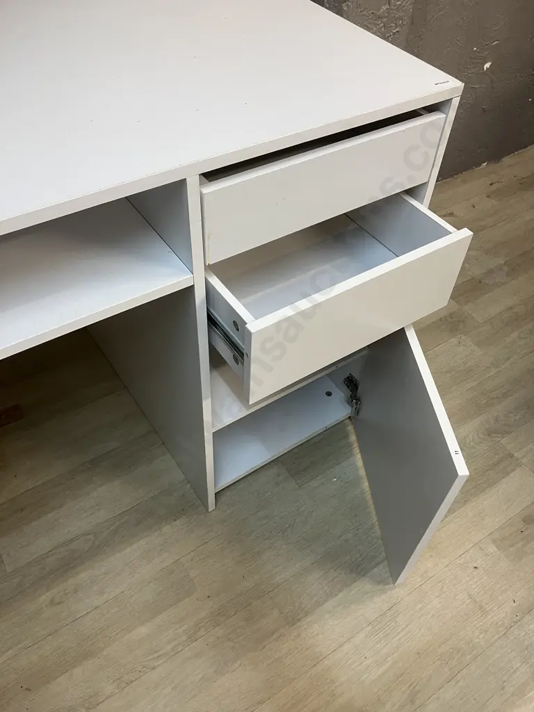 White Desk, 2 Drawer, Single Door & Shelf. H76 W120 D60cm Image 1++