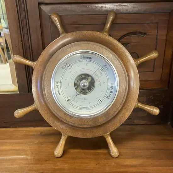 Vintage Ships Wheel Shortland Smiths SB Compensated Barometer With Solid Oak Casing, Mid Century, Made In England.27cm
