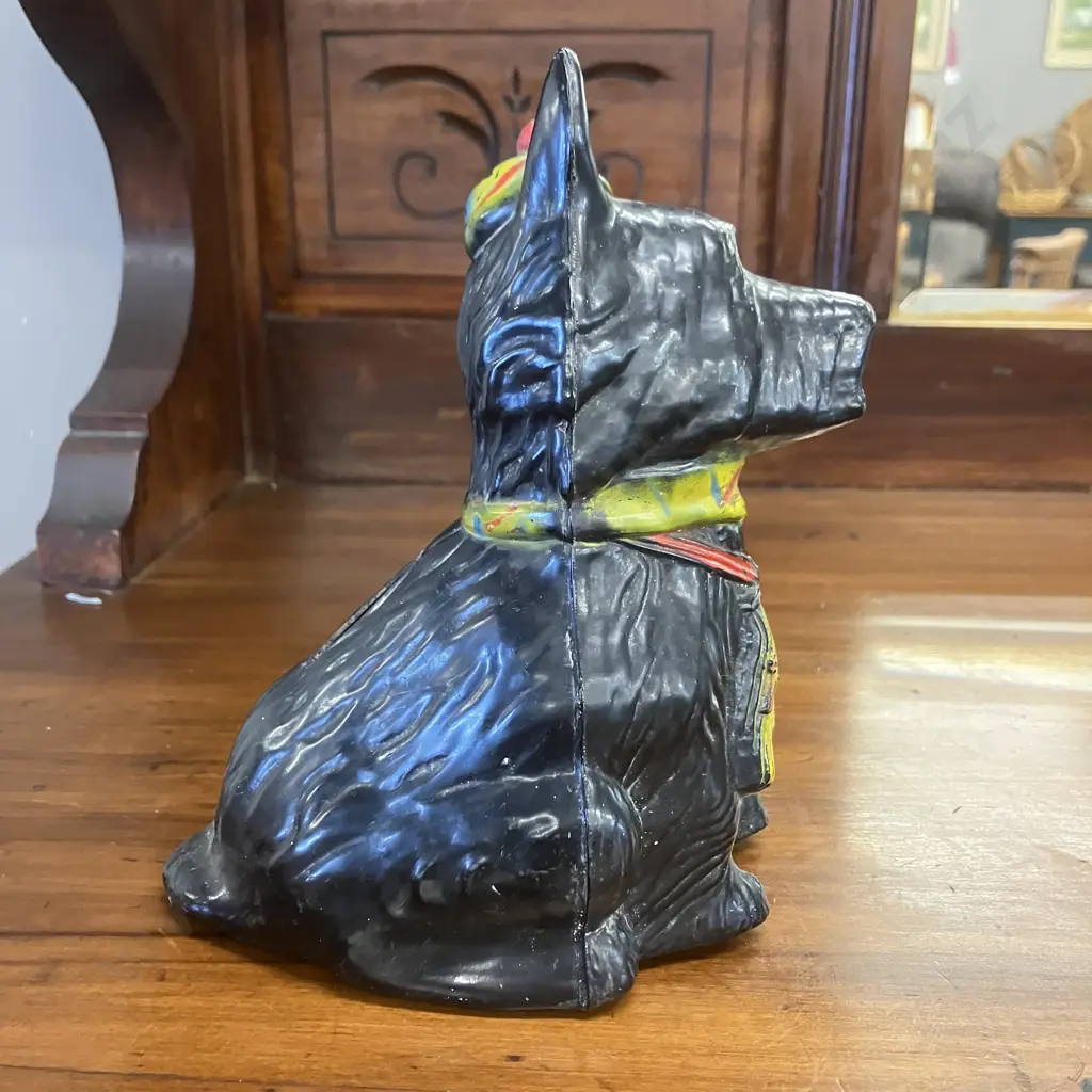 1940s Vintage Celluloid Black Hard Plastic SCOTTIE DOG (Scottish Terrier) Money Box - England Image 1++