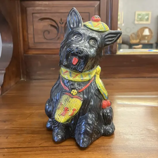 1940s Vintage Celluloid Black Hard Plastic SCOTTIE DOG (Scottish Terrier) Money Box - England