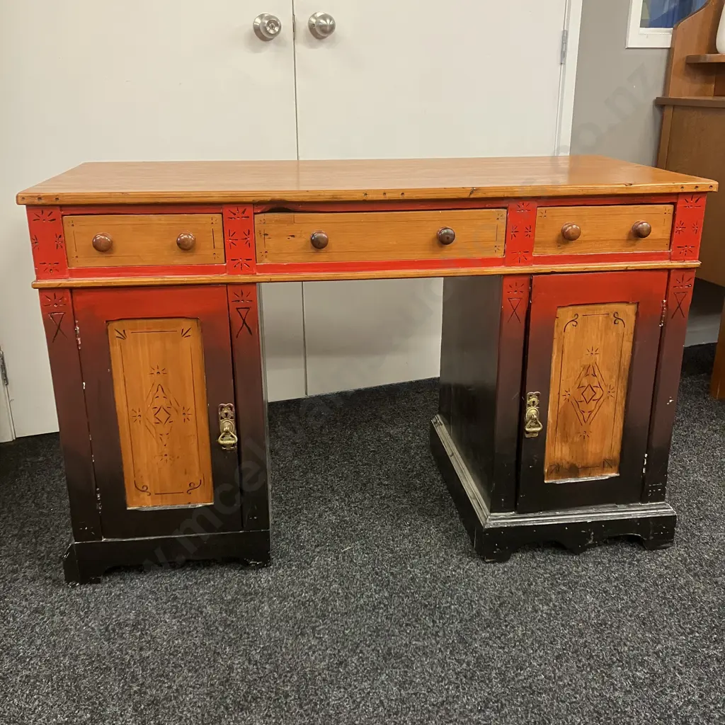 Colonial Antique Wooden Desk, 2 Door, 3 Drawer, Ornate Brass Handle & Keyhole Escutcheons. H76 W121 D54cm Image 1++